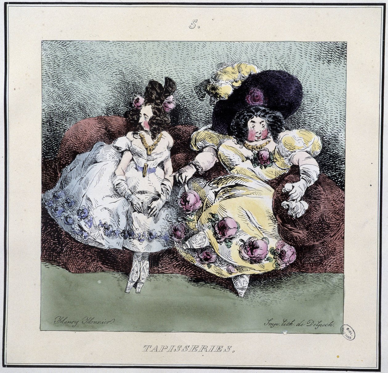 نساء قبيحات يصنعن "" نسيج "" جالسين في غرفة المعيشة - في "" Parisiennes بقلم Henri Monnier ، محرر. ديلبيك ، باريس بواسطة هنري بونافنتشر منير