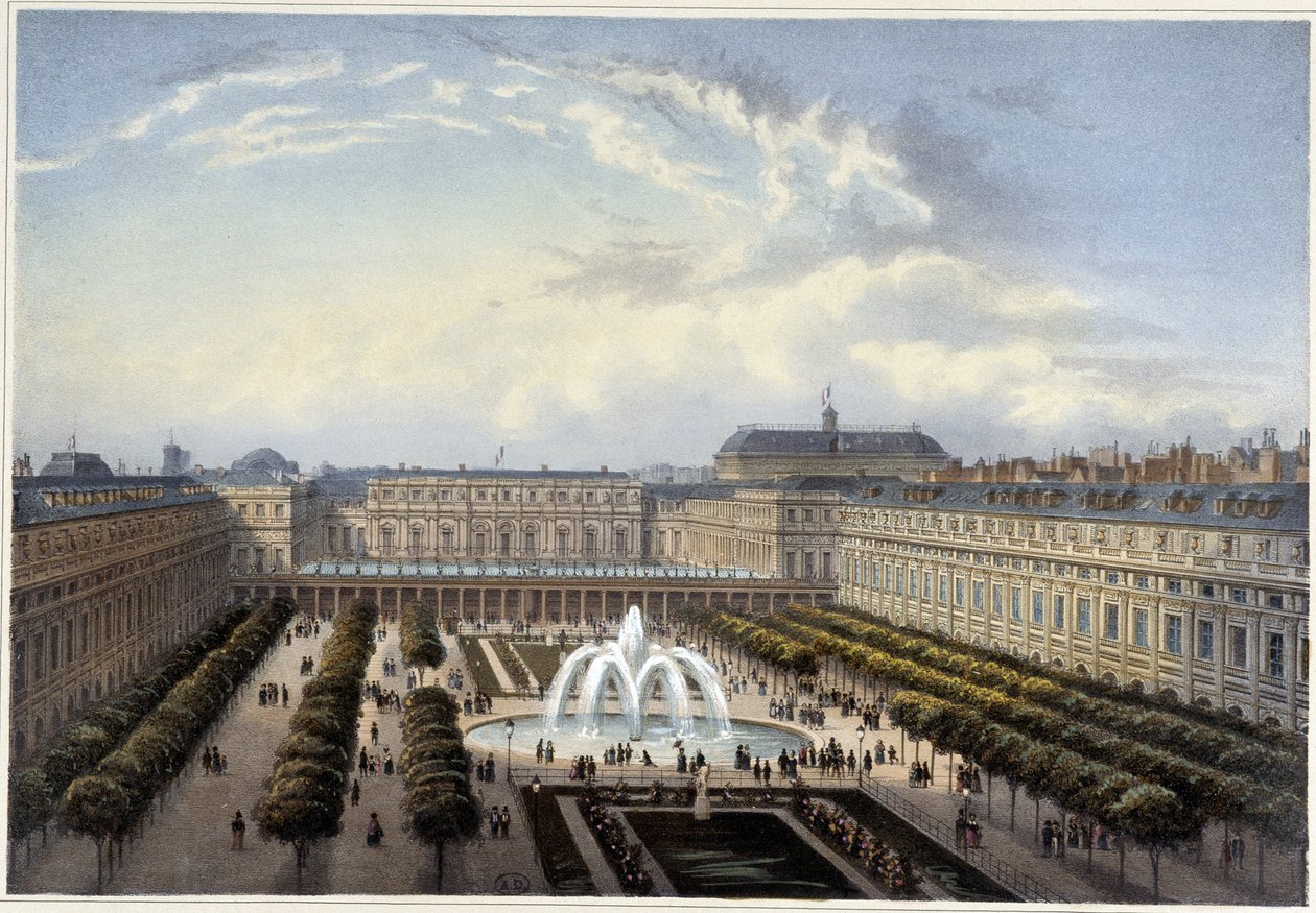Jardin du Palais-Royal ، حوالي عام 1820 في "" مناظر لباريس "بقلم كورفوازييه 1827 بواسطة Henri Courvoisier-Voisin