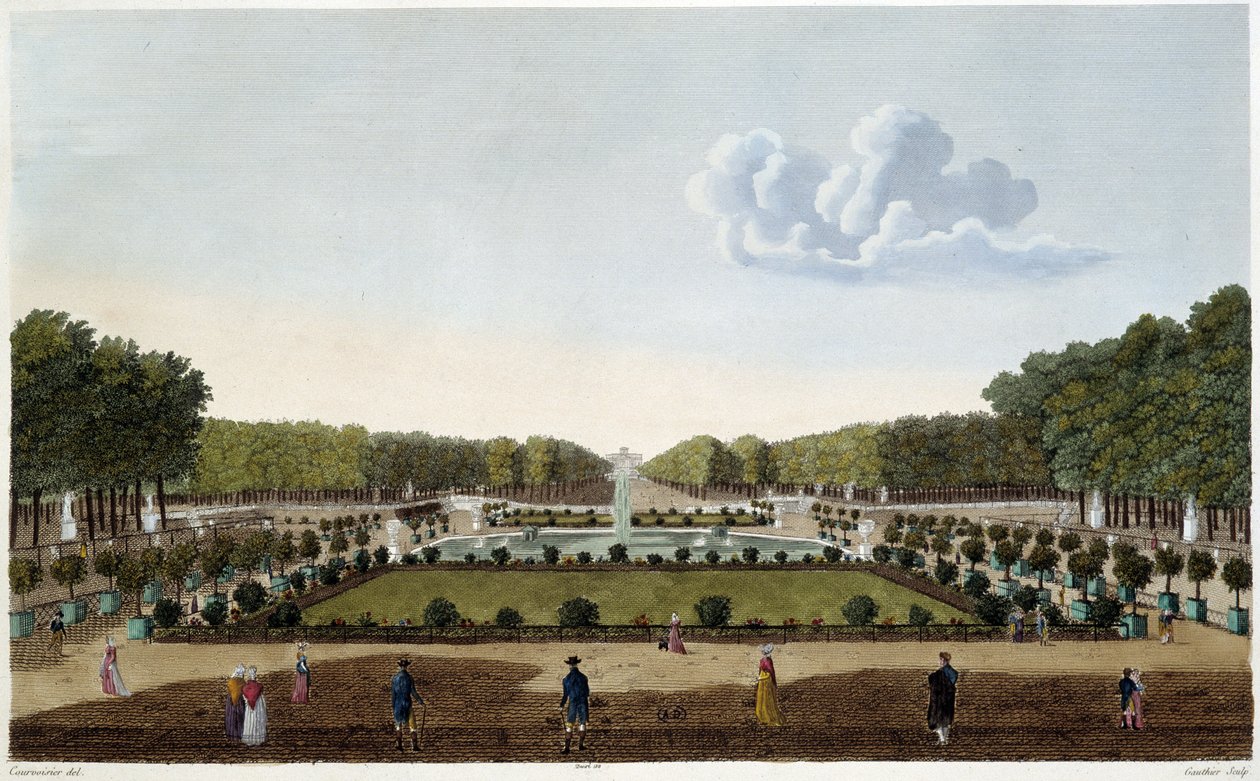 Le Jardin du Luxembourg يُرى من شرفة القصر. نقش كورفوازييه بواسطة Henri Courvoisier-Voisin