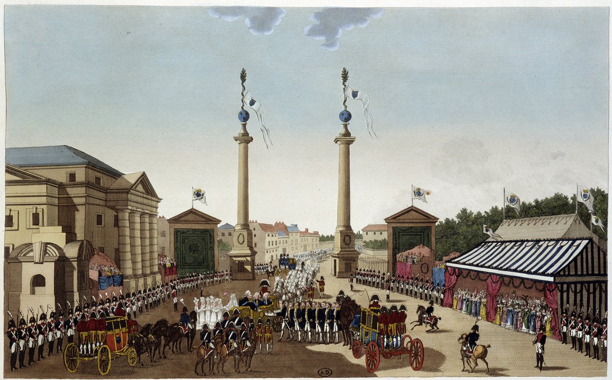 حاجز Saint-Denis عند تسليم المفاتيح إلى Louis XVIII في 3 مايو 1814 - في "" Vues de Paris "بواسطة Courvoisier 1827 بواسطة Henri Courvoisier-Voisin