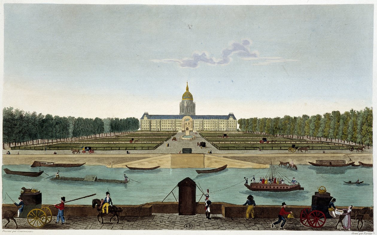 منظر لـ Champ de Mars و Hôtel des Invalides تم التقاطه على الجانب الآخر من نهر السين (Cours la Reine) - في "" Vues de Paris "لـ Courvoisier بواسطة Henri Courvoisier-Voisin