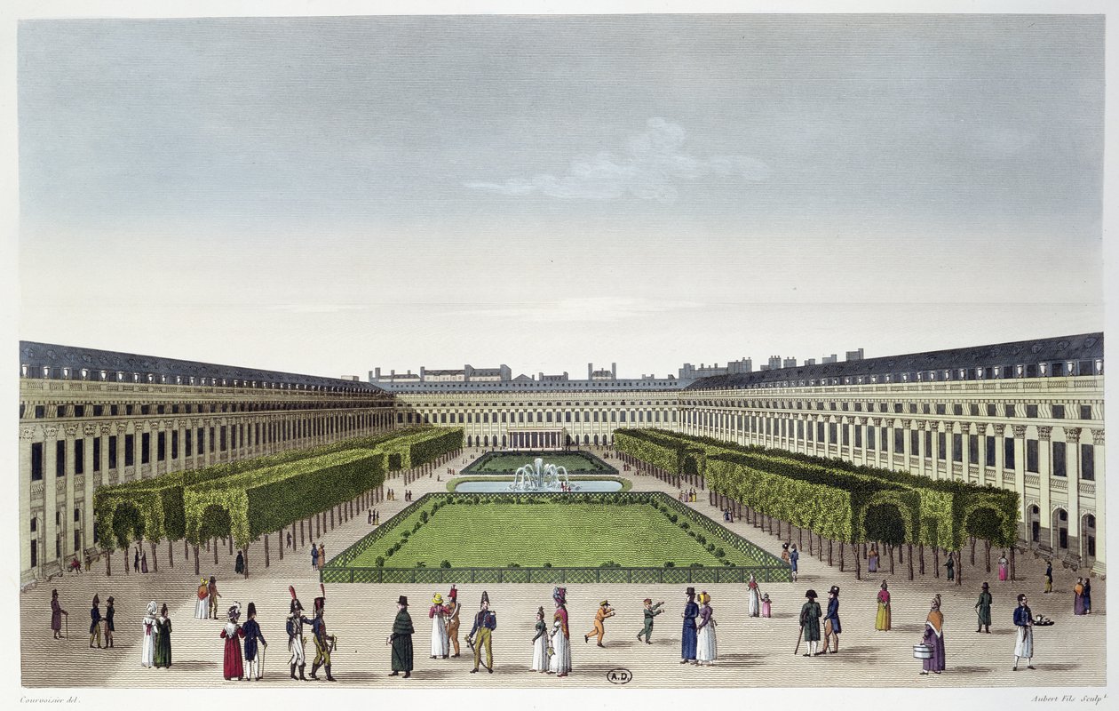 منظر لحدائق القصر الملكي ، كما يُرى من Galeries de Bois ، محفور بواسطة Aubert Fils ، c.1815-20 بواسطة Henri Courvoisier-Voisin