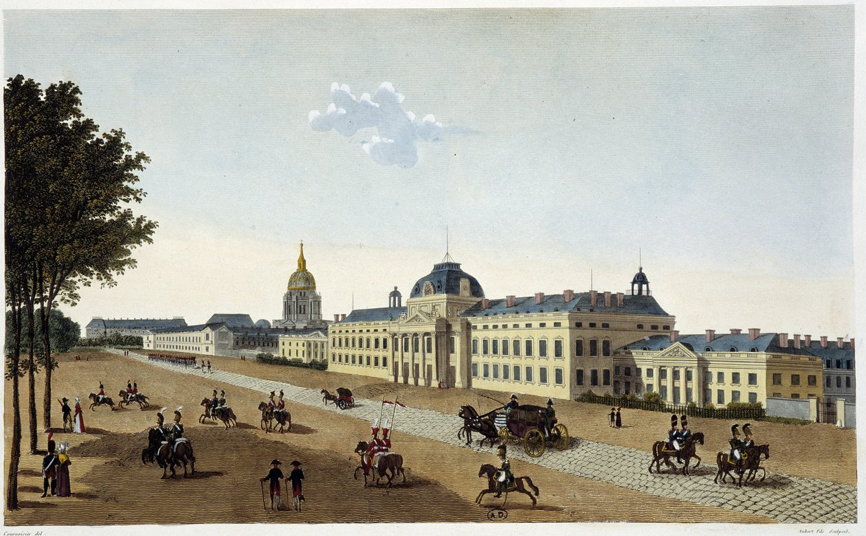 منظر للمدرسة العسكرية على جانب Champs de Mars ، حوالي عام 1820 - في "" Vues de Paris "بواسطة Courvoisier بواسطة Henri Courvoisier-Voisin