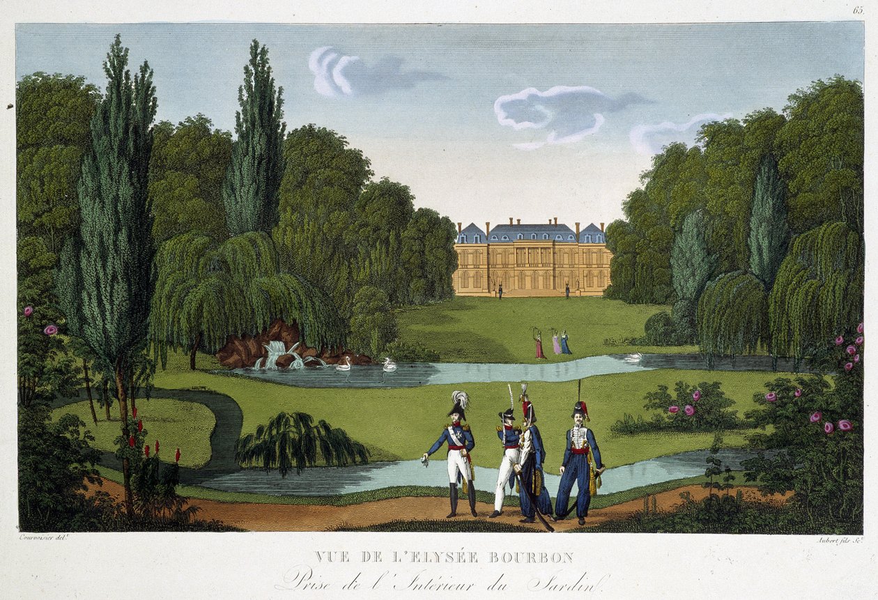 منظر لقصر الإليزيه بوربون (Elysee Bourbon) والحدائق. نقش كورفوازييه من 1815-1820 في "" Vues de Paris " بواسطة Henri Courvoisier-Voisin
