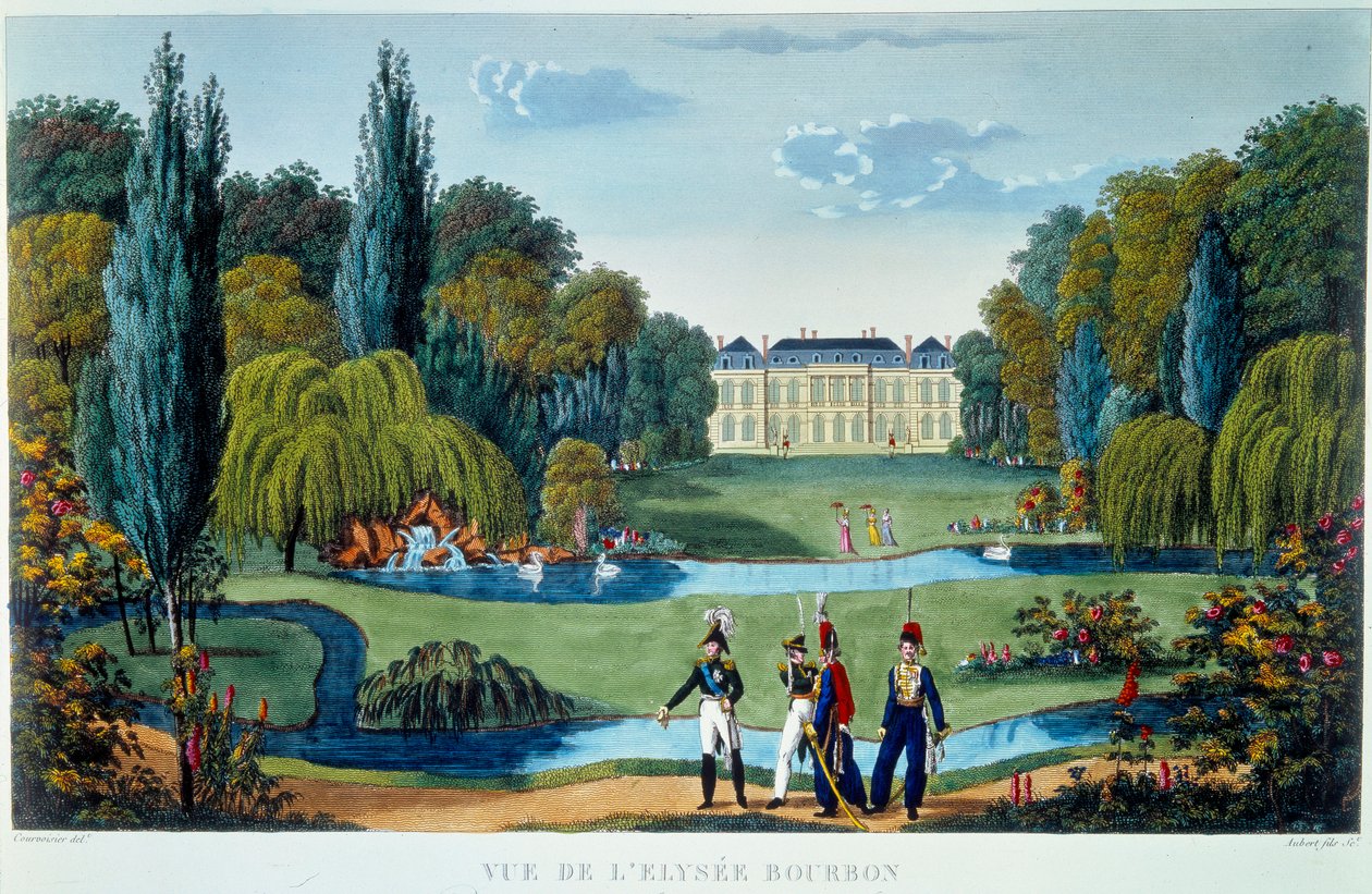 منظر لقصر الإليزيه بوربون (Elysee Bourbon) والحدائق. نقش كورفوازييه من 1815-1820 في "" Vues de Paris " بواسطة Henri Courvoisier-Voisin