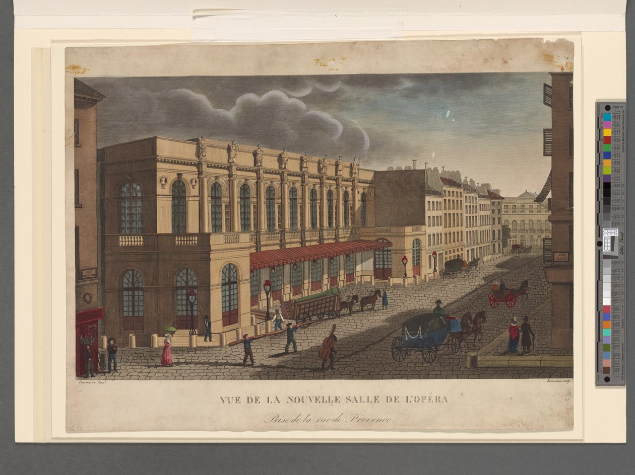 منظر لقاعة الأوبرا الجديدة مأخوذ من شارع بروفانس ونقش روسو حوالي عام 1821 بواسطة Henri Courvoisier-Voisin