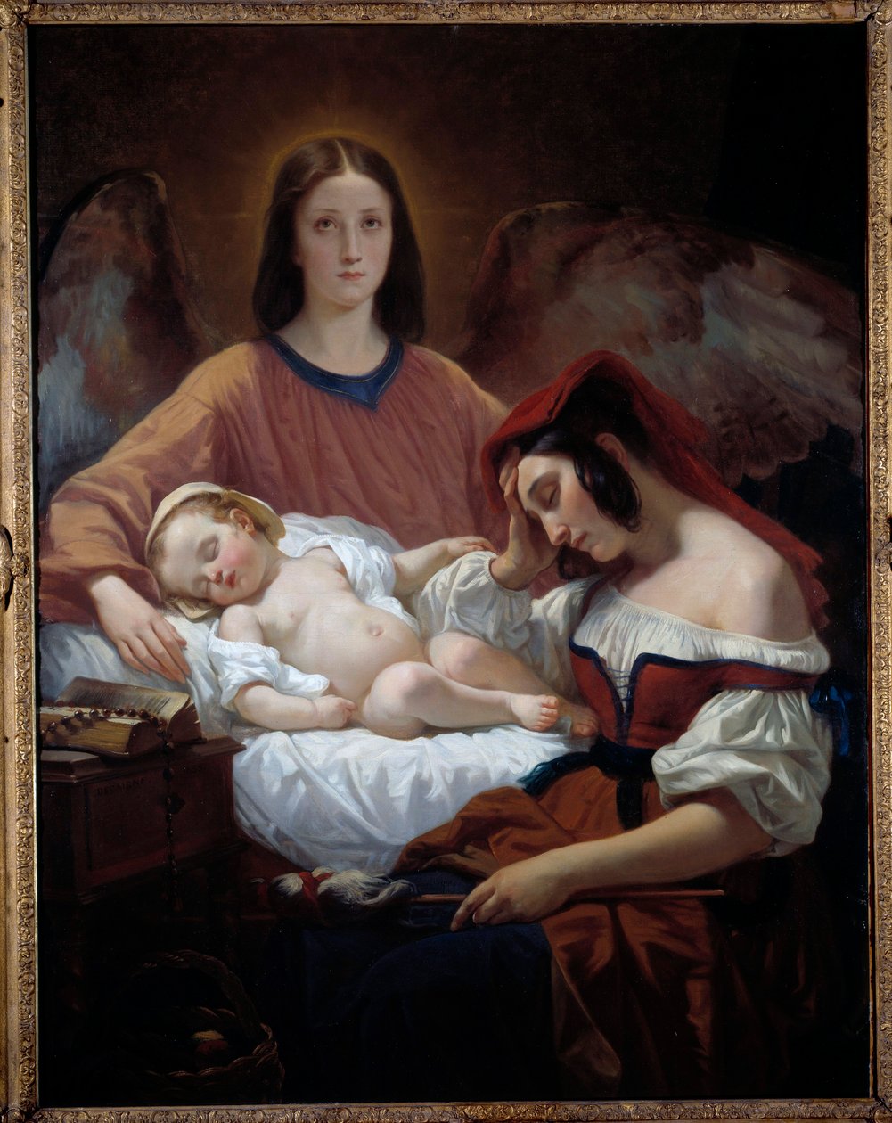 The Guardian Angel An angel watches over a mother and her sleeping child. Painting by Henri Decaisne (1799-1852) بواسطة هنري ديكايسن