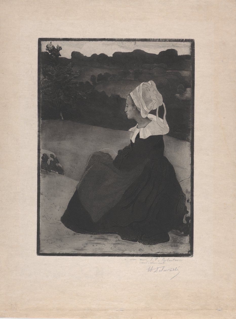 بريتون أسيس (امرأة بريتونية جالسة) ج.1893 (نقش على الأرض الناعمة وأكواتينت) بواسطة هنري ديلافالي