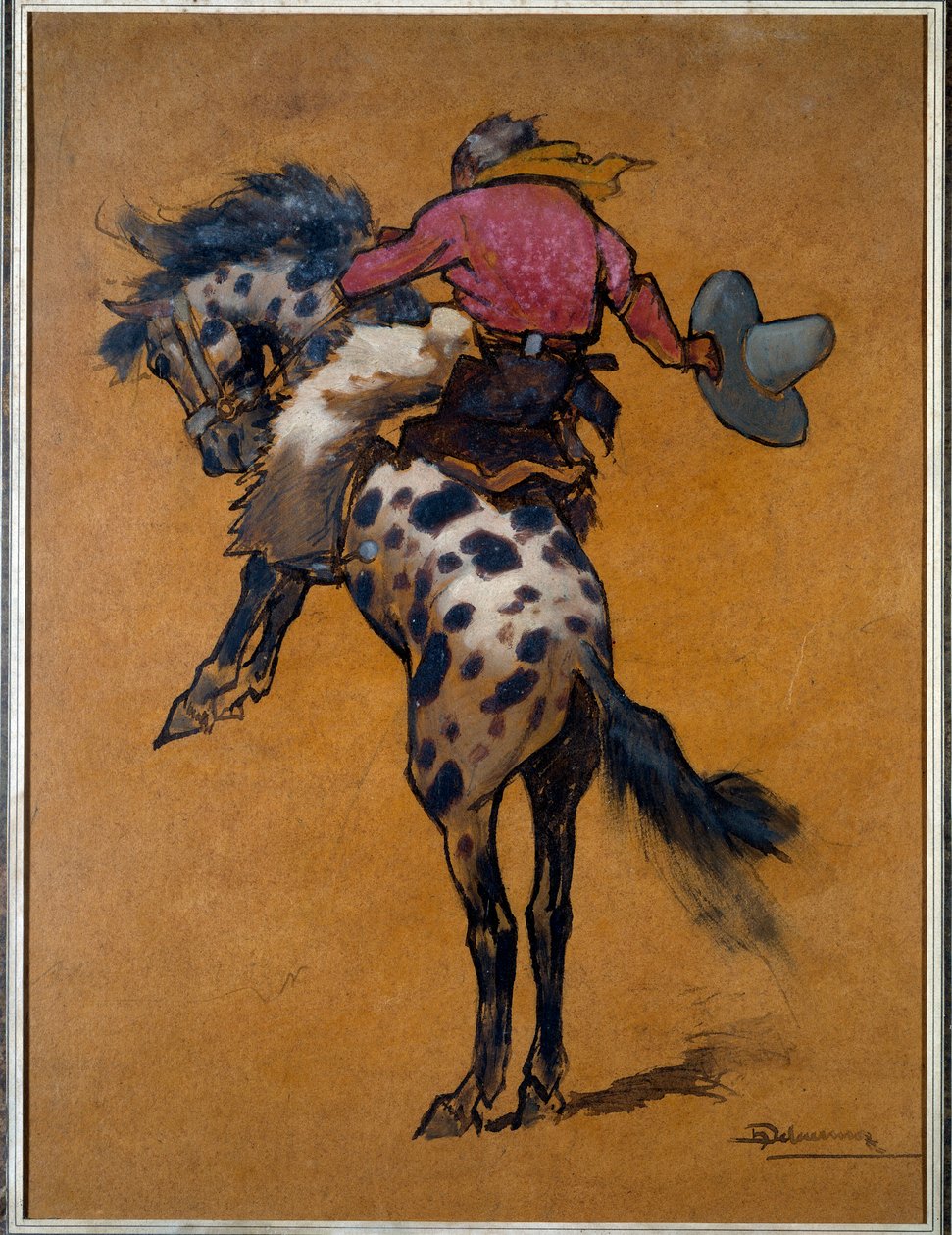 روديو: "" رعاة البقر على حصان برونكو كابري "" رسم هنري ديلورموز (1876-1943) القرن العشرين لاروشيل ، متحف العالم الجديد بواسطة هنري ديلويرموز