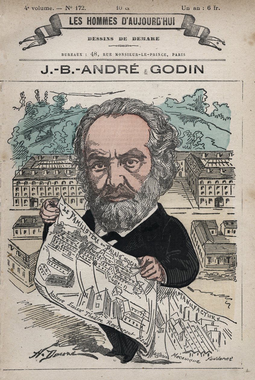 Familistere de Guise - The Familistery of Guise ومؤسسها Jean-Baptiste (Jean Baptiste) Andre Godin (1817-88) ، من Les Hommes d'Today ، ج. 1880 بواسطة Henri Demare (1846-1888) - Le Familistere de Guise ومؤسسها Godin. بواسطة هنري ديماري