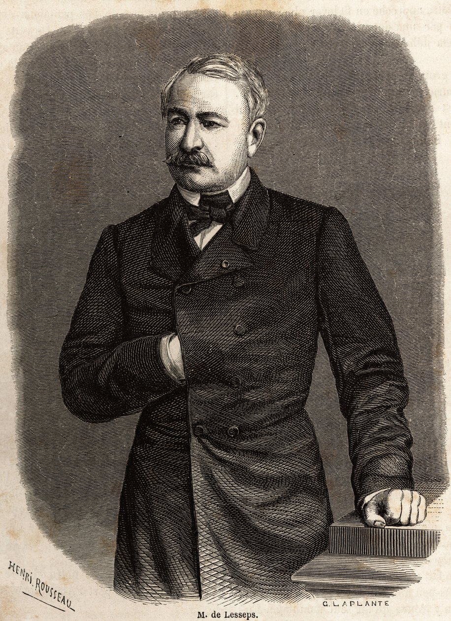 صورة لدبلوماسي ورجل أعمال فرديناند دي ليسبس (1805-1894) ، مروج للمشروعين الطموحين: قناة السويس وبنما ، رسمه هنري روسو ، لتوضيح رحلة بول ميروو إلى قناة السويس في عام 1862. النقش في "" بواسطة هنري إميلين روسو