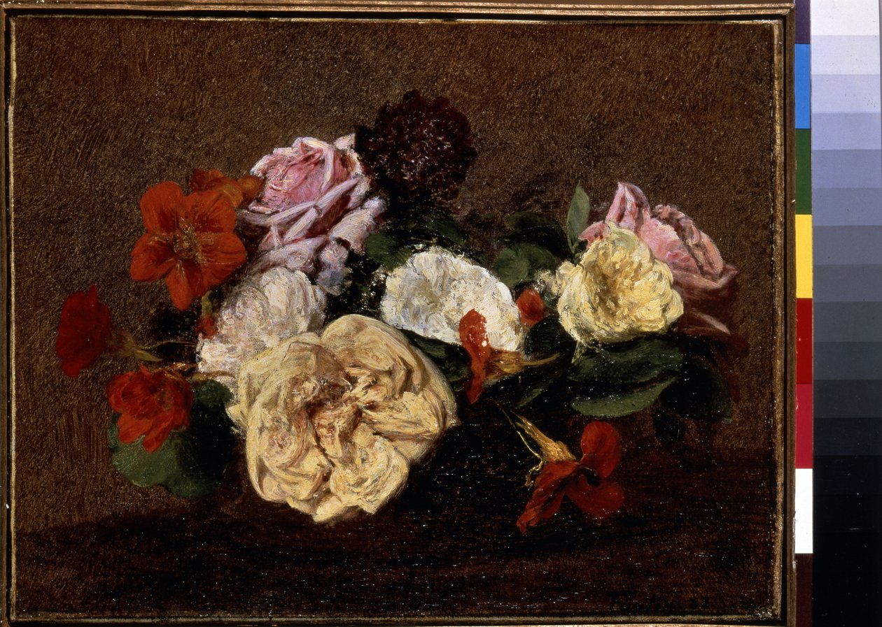 ورود و Nasturtiums في إناء. لوحة هنري فانتين لاتور (فانتين لاتور بواسطة Ignace Henri Jean Fantin Latour