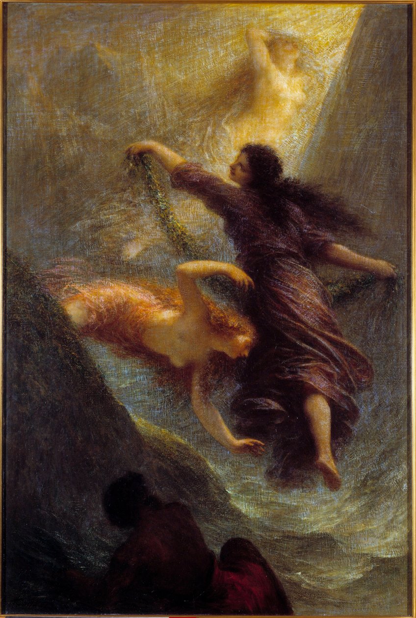 Les Filles du Rhine ou l'Or du Rhine تمثيل des ondines يعزف بواسطة القزم Alberich بعد أوبرا Richard Wagnar "L'Or du Rhine". لوحة هنري هنري فانتين لاتور (فانتين لاتور بواسطة Ignace Henri Jean Fantin Latour