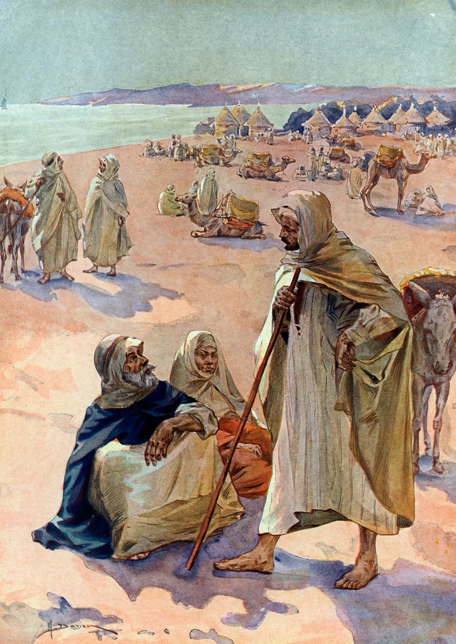 منظر لمسيرة براكنا المغاربية في منطقة بودور في السنغال ، بداية القرن الثامن عشر (سوق مغاربي بالقرب من بودور ، السنغال بواسطة هنري جاستون دارين