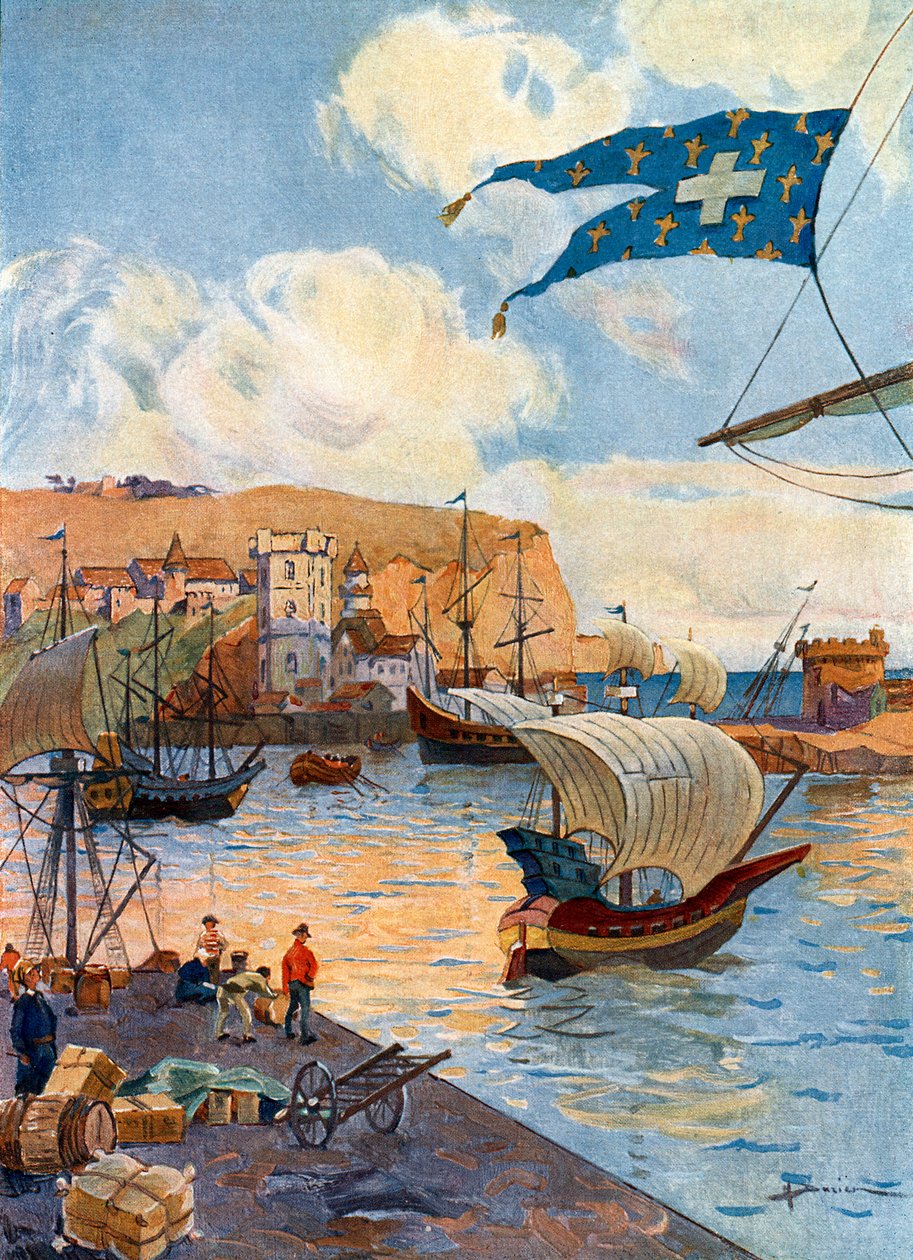 منظر لمدينة دييب في نورماندي في زمن المستكشف الفرنسي جان كوزان ، نهاية القرن الخامس عشر رسم غاستون هنري دارين (1864-1926) من "نوتر إيبي كولونيال" بقلم بيير ليجيندر بواسطة هنري جاستون دارين