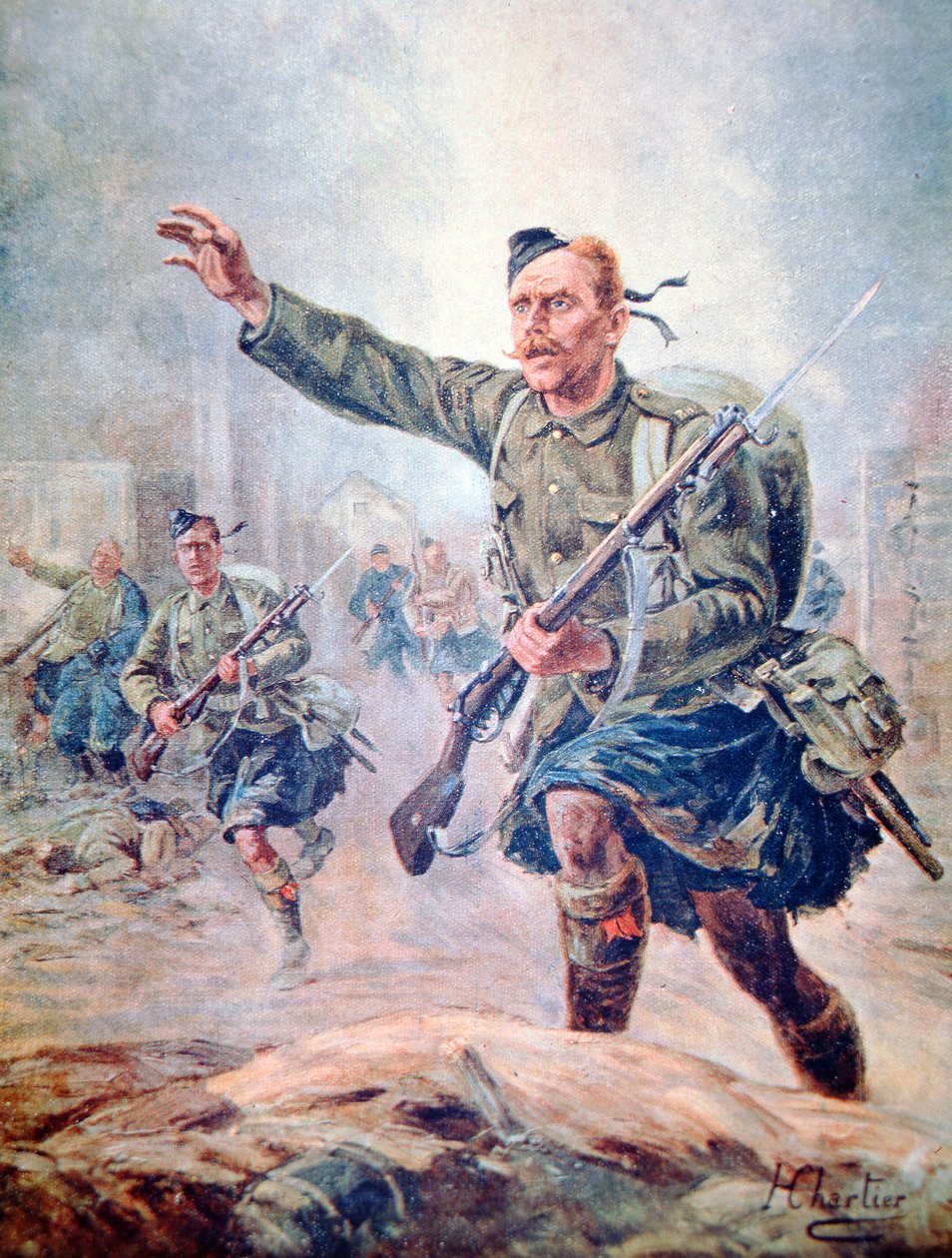 Scots Highlander wearing a kilt in battle on the Western Front (colour litho) بواسطة هنري جورج جاك (بعد) شارتييه
