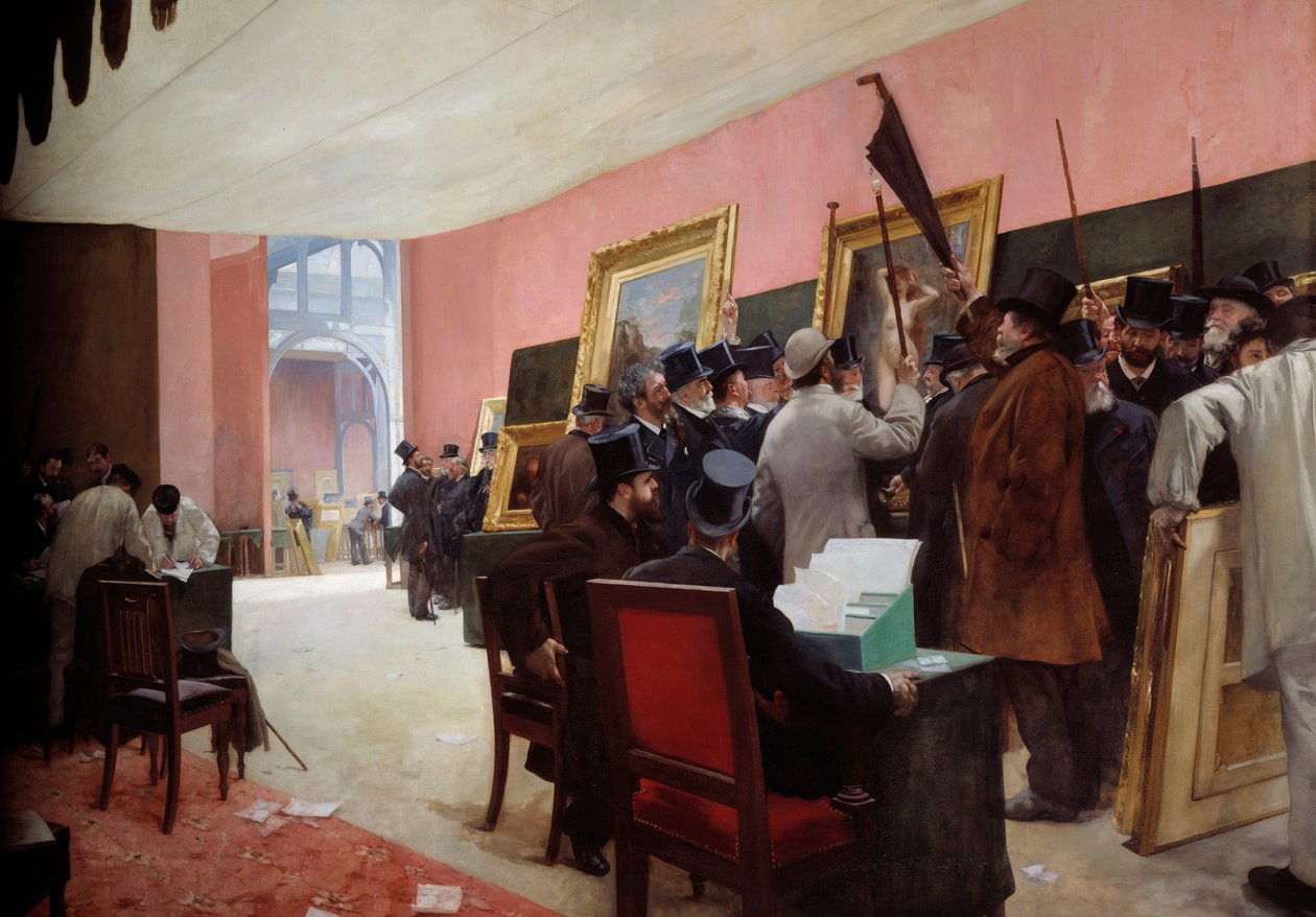 جلسة لجنة تحكيم الرسم في Salon des Artistes Français (1883) في Palais de l'Industrie Group of Men (Duez ، Pille ، Français ، Bonnat ، Robert-Fleury ، JPLaurens ، Barrias ، Vollon ، Henner ، Bouguereau ، Cabanel ، Rapin ، Guillemet) مع قبعة بواسطة هنري جيرفيكس