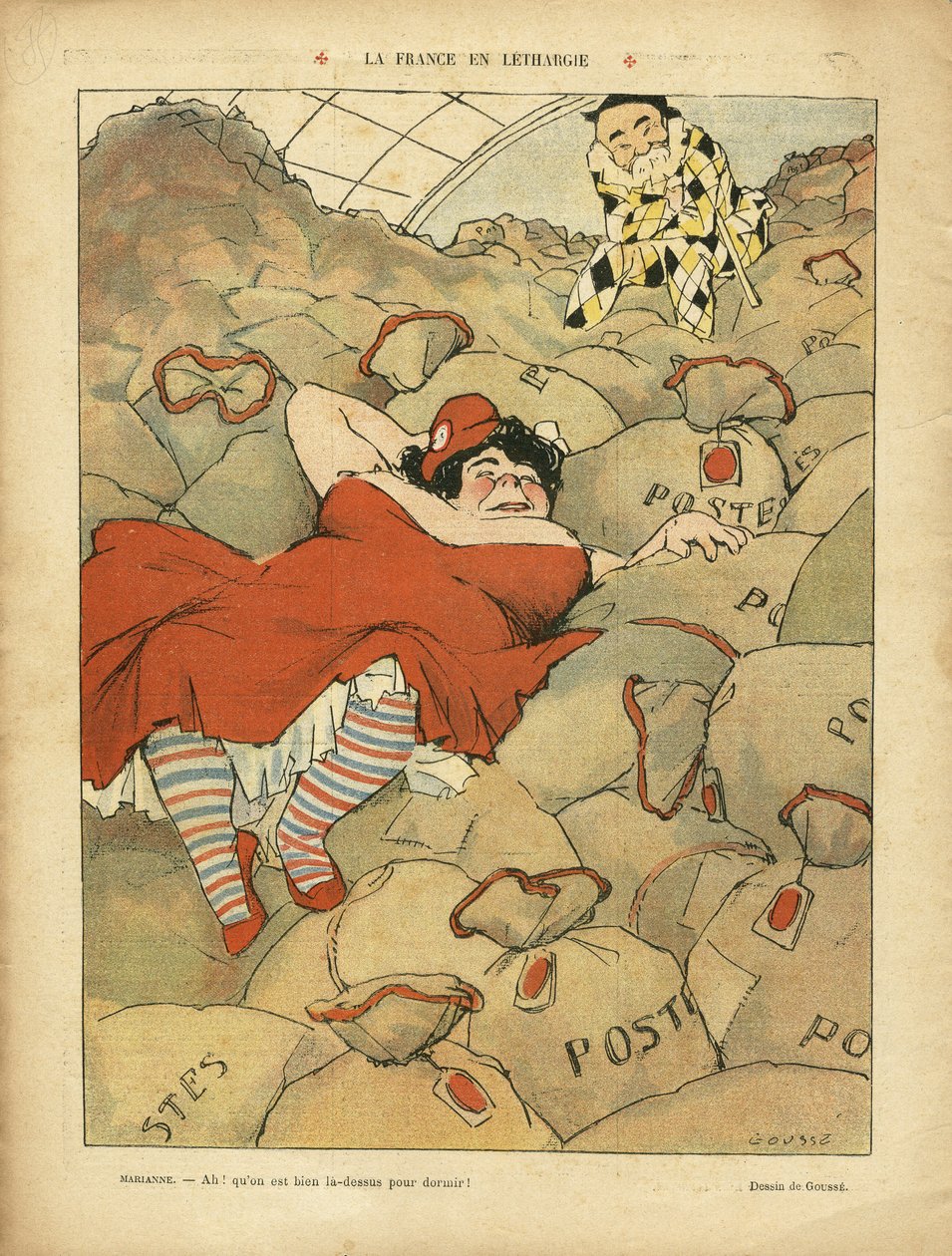 رسم توضيحي لهنري جوس (1872-1914) في Le Rire ، 03/04/09 - La France en lethargie - Social ، Greve ، Courrier La Poste Postal - Clemenceau George ، Marianne بواسطة هنري جوس