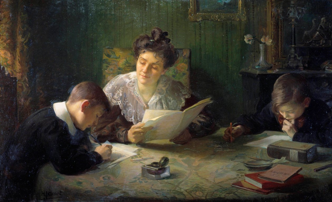 الواجب المنزلي الأم تساعد الأطفال في أداء واجباتهم المدرسية. رسم هنري جاميت (1858-1940) القرن العشرين في أورليانز ، متحف الفنون الجميلة بواسطة هنري جاميت