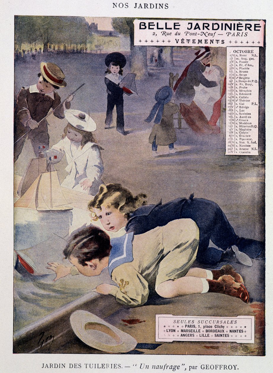 أطفال يلعبون القوارب في حديقة التويلري بواسطة جان جوفروي (1853-1924) ، تقويم "" بيل جاردينير "، سلسلة" Nos Jardins "" ، أكتوبر ، بدون تاريخ. الإصدار 1900. بواسطة هنري جول جان جوفروي