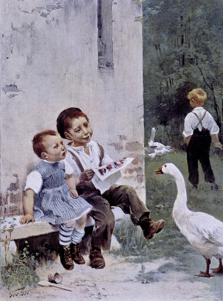 التعليم: الأطفال يقرأون ويراقبونهم أوزة - مريض. بواسطة Geoffroy ، في "" Figaro Illustré "" ، مايو 1901 بواسطة هنري جول جان جوفروي