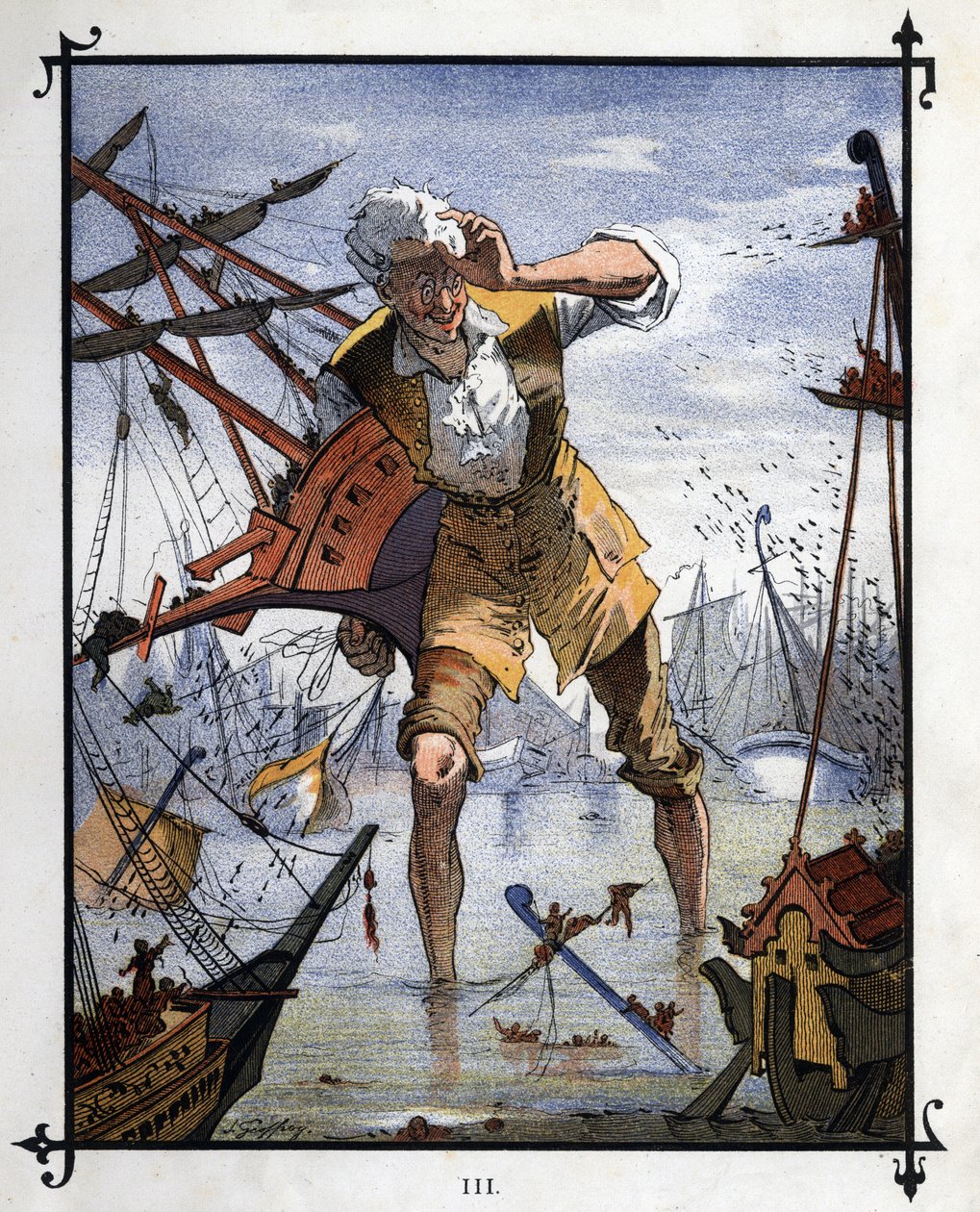 Lemuel Gulliver في وسط معركة بحرية بين سفينتي Lilliput و Blefuscu. رسم توضيحي لـ "" رحلات جاليفر "" بقلم جوناثان سويفت (1667-1745) بواسطة هنري جول جان جوفروي
