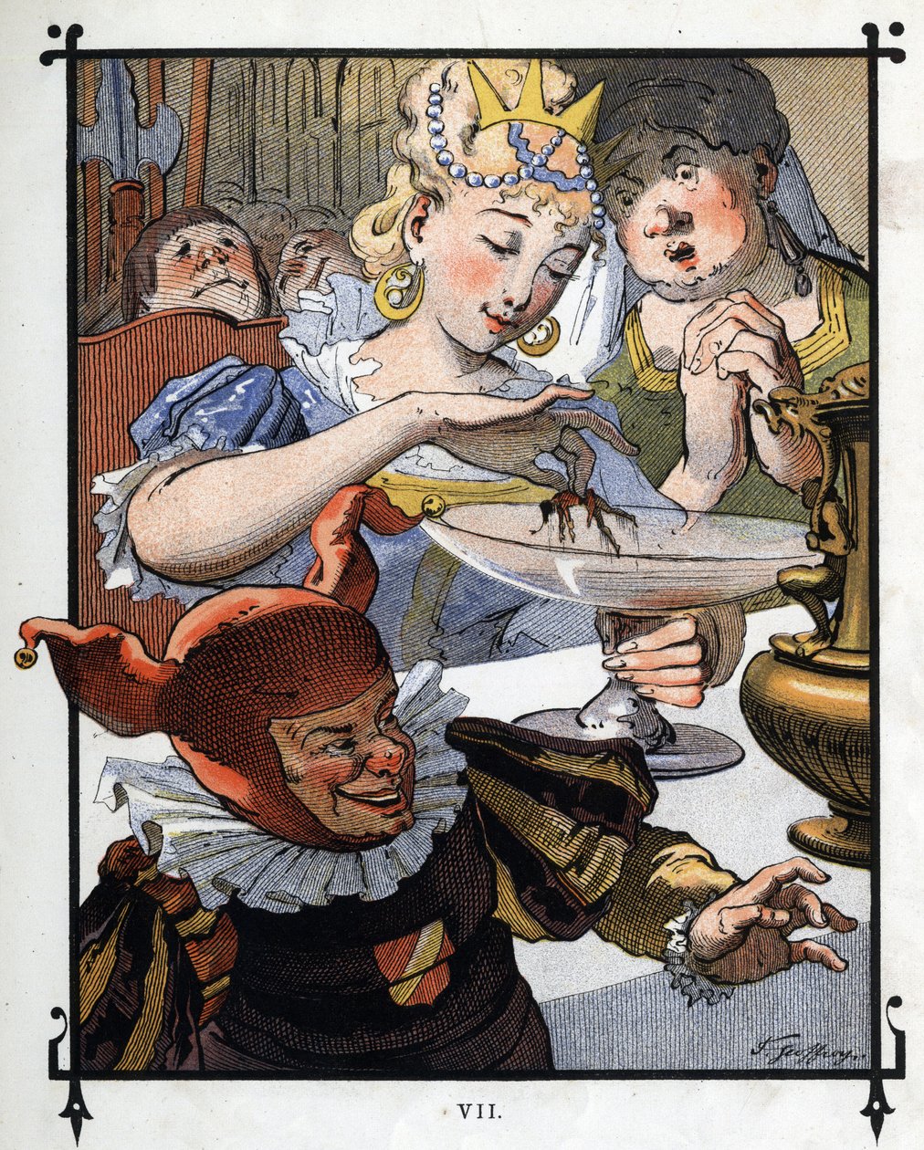 تم إعادة طلاء Lemuel Gulliver على طبق سقط فيه من قبل ملكة Brobdingnag. رسم توضيحي لـ "" رحلات جاليفر "" بقلم جوناثان سويفت (1667-1745) بواسطة هنري جول جان جوفروي
