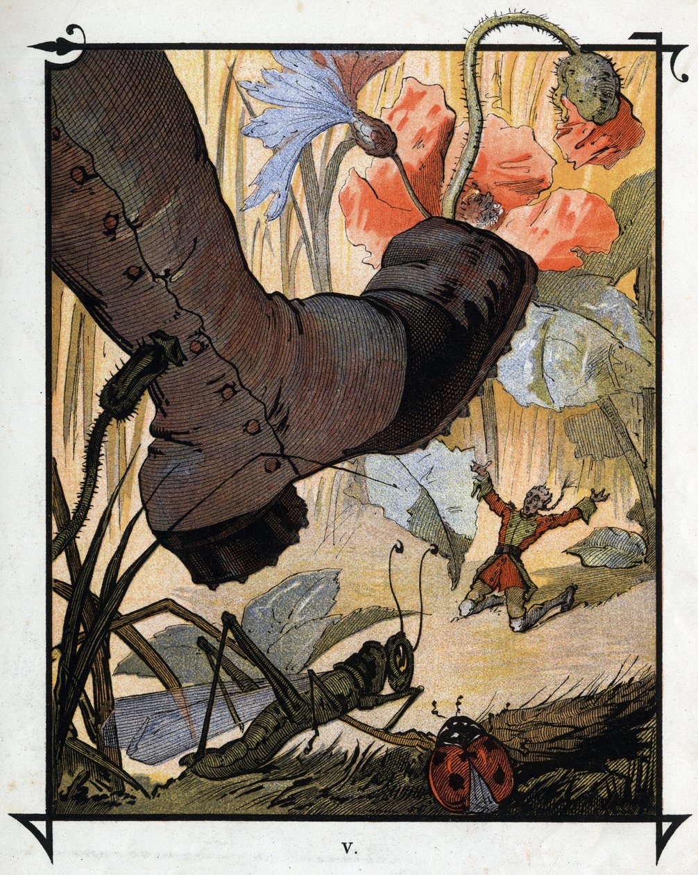 القدم العملاقة لأحد سكان Brobdingnag تفشل في سحق Lemuel Gulliver في العشب الطويل. رسم توضيحي لـ "" رحلات جاليفر "" بقلم جوناثان سويفت (1667-1745) بواسطة هنري جول جان جوفروي
