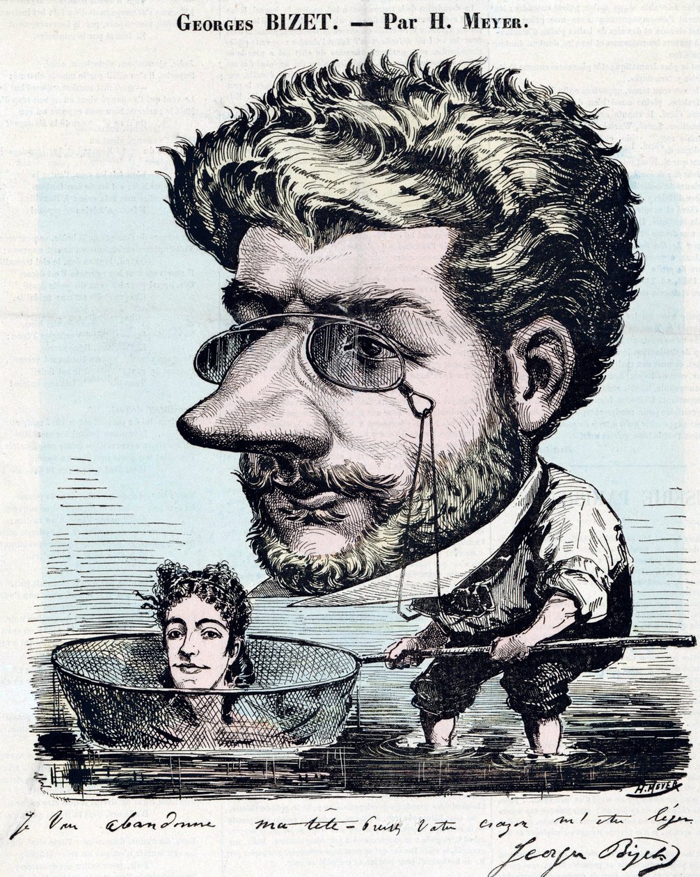 جورج بيزيه (1838-1875) ، ملحن فرنسي - كاريكاتير ، مع توقيعه من بيزيه ، بواسطة هنري ماير ديت ريم (1844-1899) عن "" ديوجين " بواسطة هنري ماير