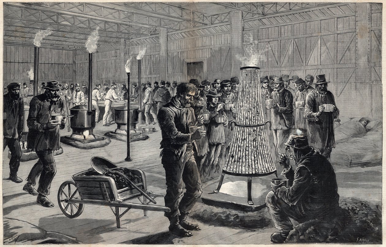 الملجأ الليلي لقصر الفنون الحرة في الشانزليز دي مارس في عام 1891 - رسم هنري ماير ، نقش بواسطة نافيلييه في "مجلة لو جورنال لامعة" "عام 1891 بواسطة هنري ماير