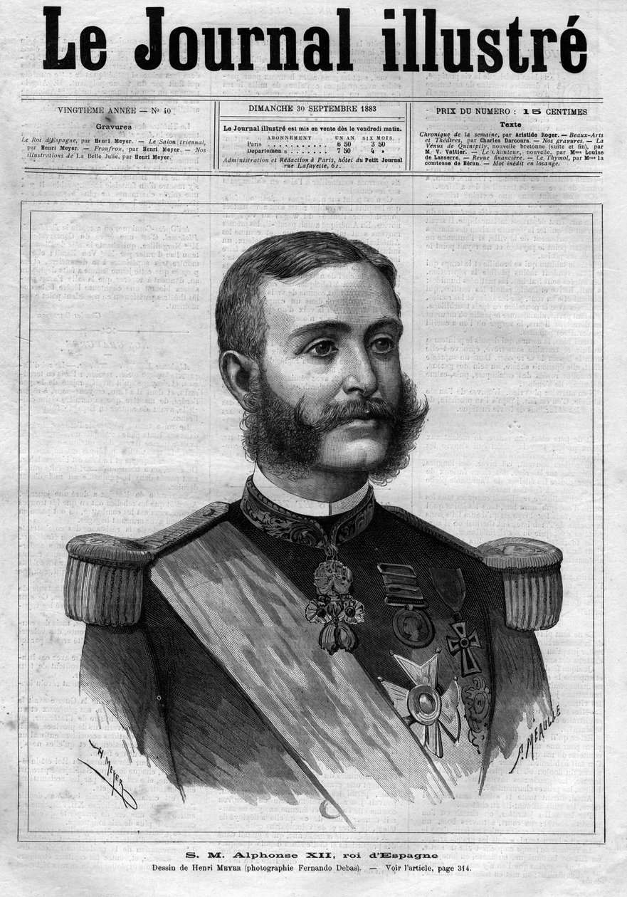 صورة لألفونسو الثاني عشر ملك إسبانيا (ألفونس الثاني عشر) (1857-1885) ، ملك إسبانيا - صفحة غلاف "يوميات مصورة" من عام 1883 - رسم هنري ماير (1844-1899) بواسطة هنري ماير
