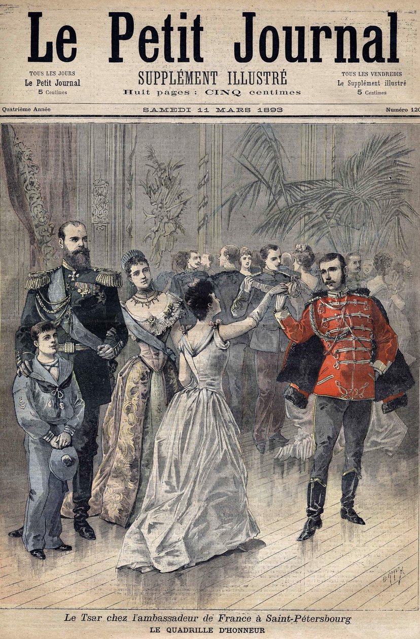 القيصر الكسندر الثالث في سفير فرنسا كونت مونتيبيلو في سانت بطرسبرغ عام 1893. شبكة الشرف. غلاف مجلة Le Petit Journal 1893 (نقش) بواسطة هنري ماير