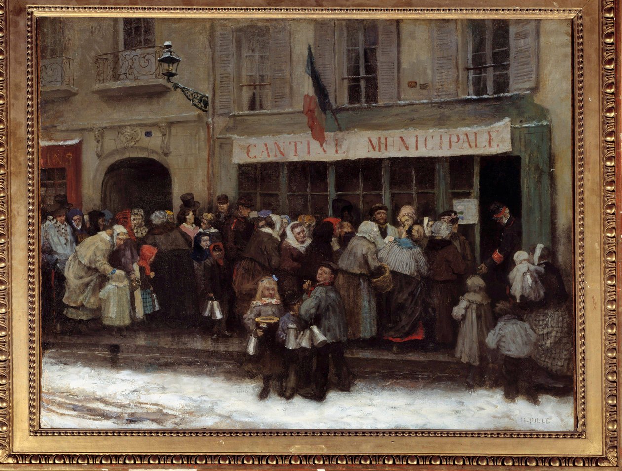 مقصف البلدية أثناء حصار باريس عام 1870 صخب الباريسيون أمام مقصف بلدي في وقت حصار البروسيين للمدينة. لوحة هنري بيل (1844-1897) بواسطة هنري بيل
