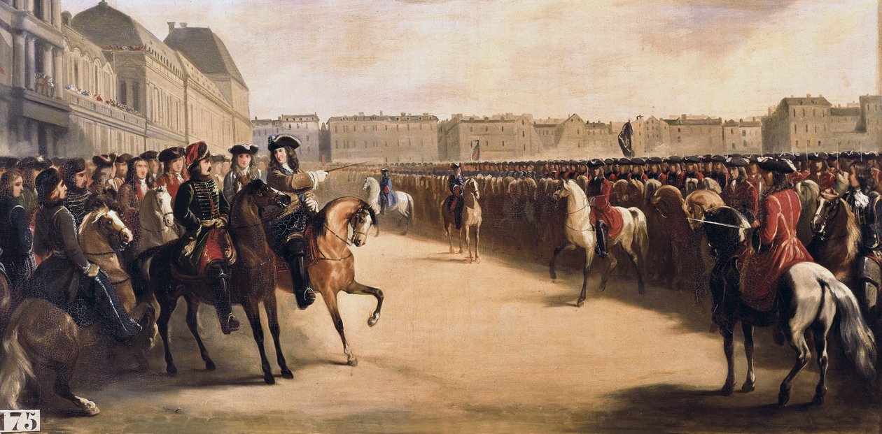 القيصر بطرس الأول الأكبر لروسيا (1672-1725) برفقة الوصي فيليب الثاني دوق أورليانز (1674-1723) أثناء زيارته لفرنسا يستعرض القوات الخيالة في التويلري (باريس) في 16/06/1717 بواسطة هنري سرور