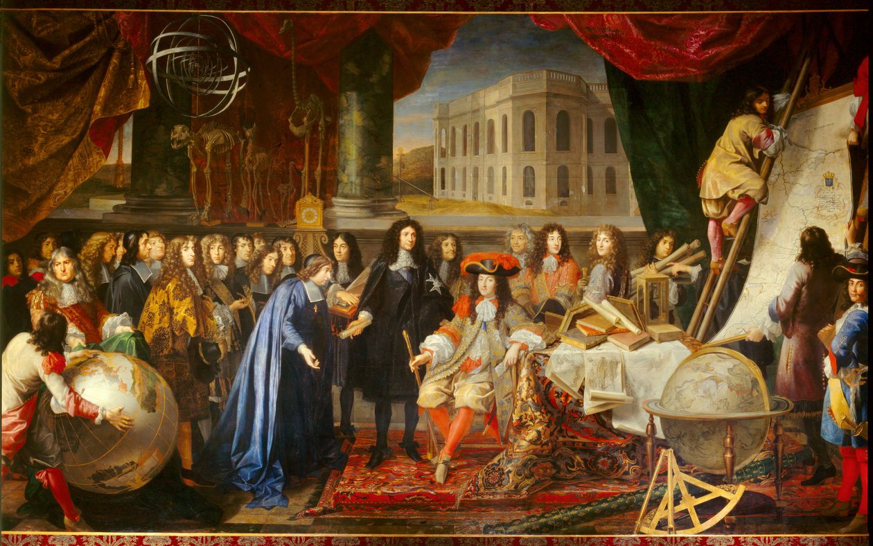 كولبير يقدم أعضاء الأكاديمية الملكية للعلوم إلى لويس الرابع عشر عام 1667 (زيت على قماش) بواسطة هنري تستلين