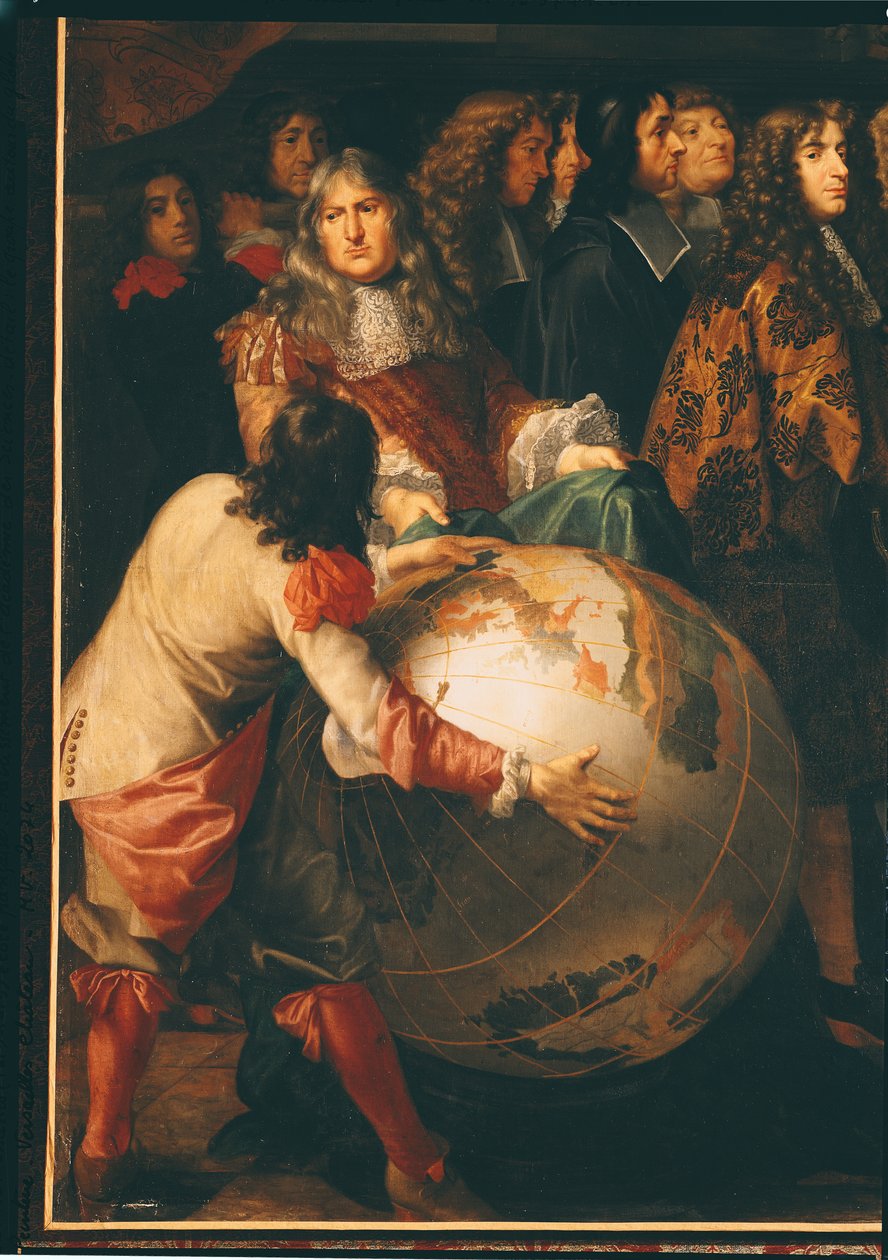 جان بابتيست كولبير (1619-83) تقديم أعضاء الأكاديمية الملكية للعلوم إلى لويس الرابع عشر (1638-1715) تفاصيل الجانب الأيسر ، c.1667 (تفاصيل 104626) بواسطة هنري تستلين