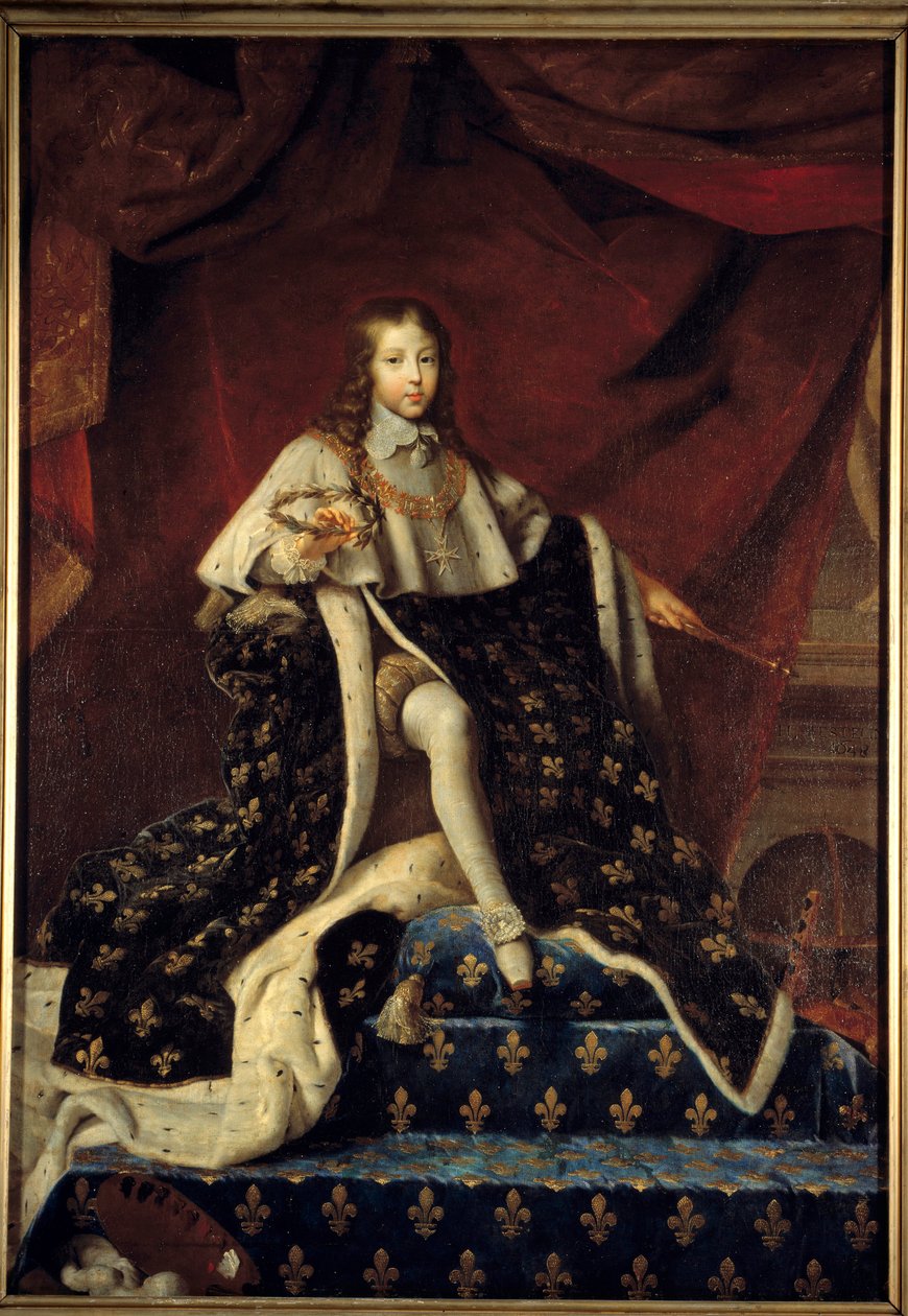 كان لويس الرابع عشر في العاشرة من عمره (1638-1715) ، ممثلاً في عام 1648 على عرشه في عباءة ملكية كبيرة ، وحامي الأكاديمية الملكية للرسم والنحت ، وأحاط بسمات العلم والفنون. اللوحة بواسطة Henri Testelin (1616 - 1695) (hs / t 2. بواسطة هنري تستلين