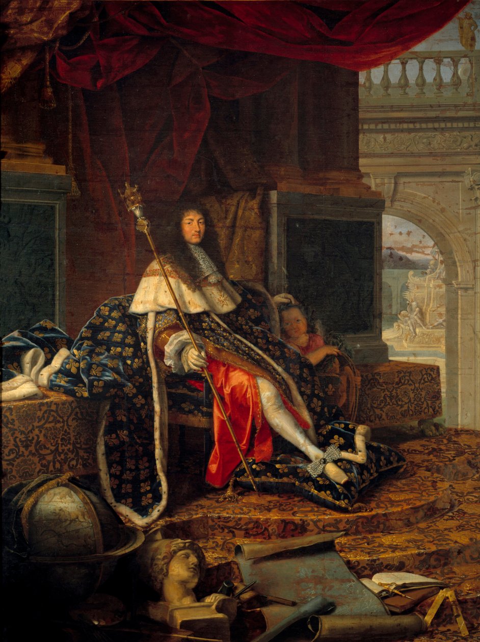 صورة لويس الرابع عشر (1638 - 1715) ملك فرنسا ، حامي الأكاديمية الملكية للرسم والنحت ، مع صولجان شارل الخامس ديت دي شارلمان. لوحة هنري تستلين (1616-1695) بواسطة هنري تستلين