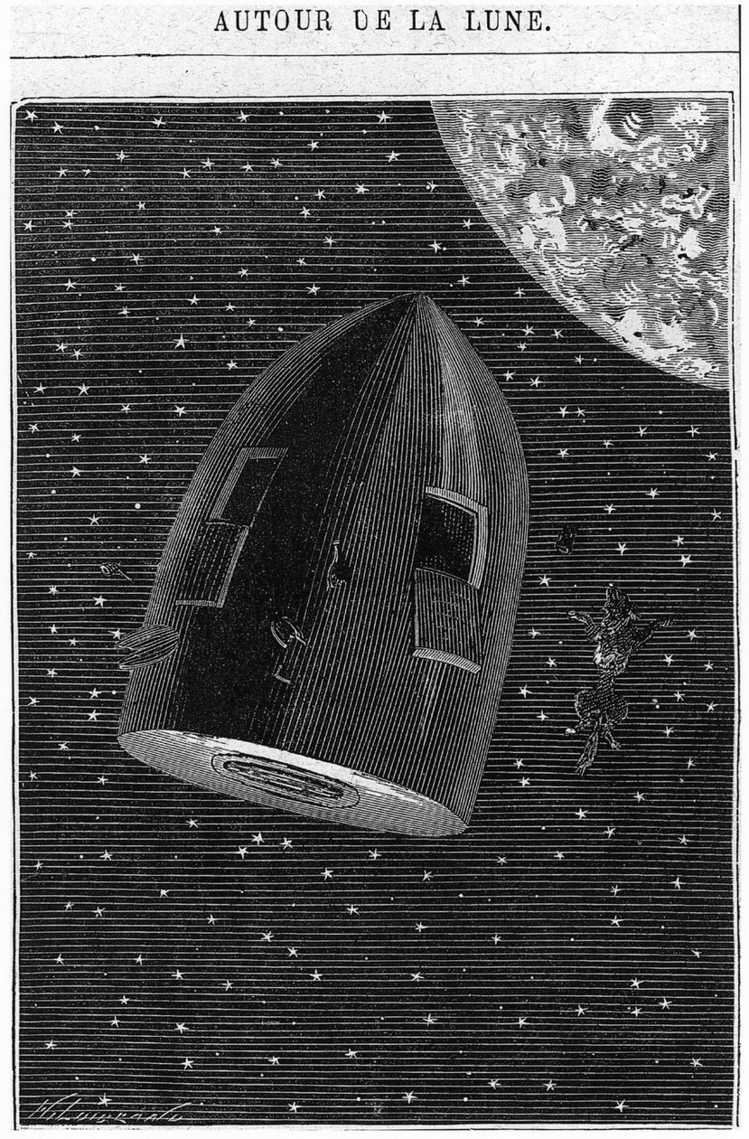 المغادرة إلى القمر ، رسم توضيحي من "حول القمر" لجول فيرن (1828-1905) باريس ، هتزل بواسطة هنري ثيوفيل هيلديبراند