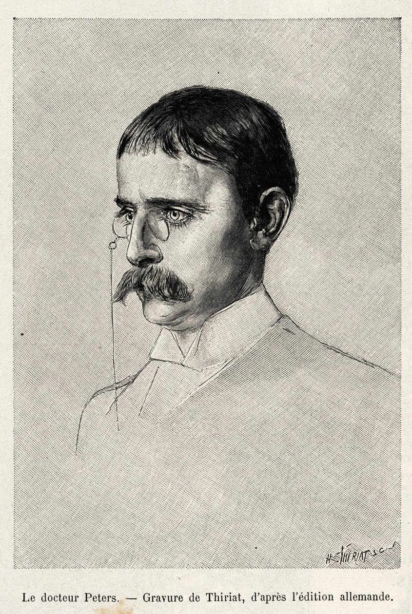 صورة للدكتور كارل بيترز (1856-1918) المستكشف الألماني. نقش لثيريات لتوضيح قصة "Au secours d'Emin Pacha" للدكتور بيترز (1856-1918) بواسطة هنري تيريات