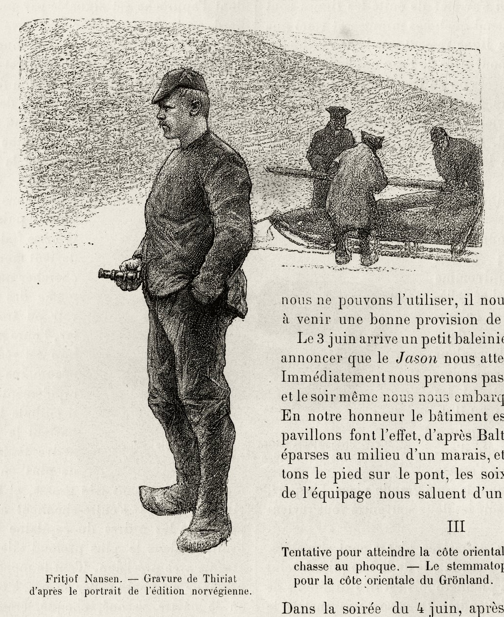 صورة لفريدجوف نانسن (1861-1930) المستكشف القطبي النرويجي. نقش من قبل Thiriat ، لتوضيح قصة "La premiere traversee du Greenland" بقلم فريدجوف نانسن (1861-1930) ، في عام 1888 ، في Le Tour du monde ، مجلة nouveau des voyages ، تم تحريره بواسطة Edo بواسطة هنري تيريات