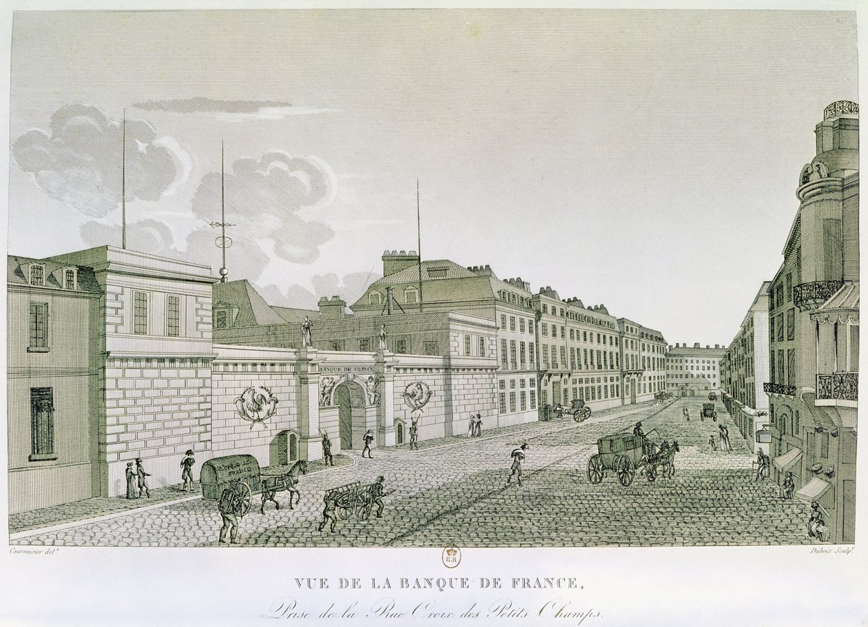 بنك فرنسا من Rue Croix-Petits-Champs ، نقش بواسطة يوجين دوبوا ، 1800 بواسطة هنري بعد Courvoisier Voisin