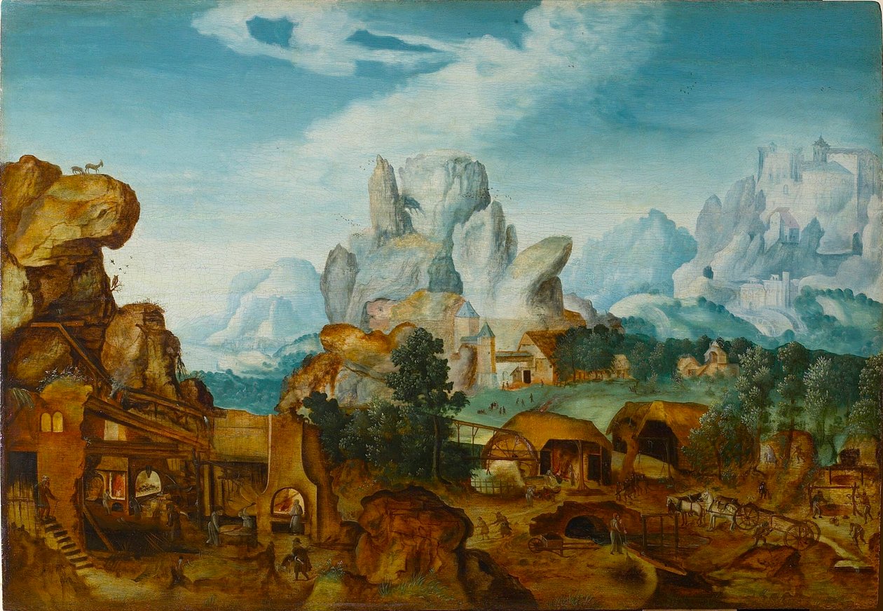 المناظر الطبيعية الصخرية مع فورج الرحلة إلى مصر ، قبل عام 1550. بواسطة التقى Henri de Herri مع de Bles
