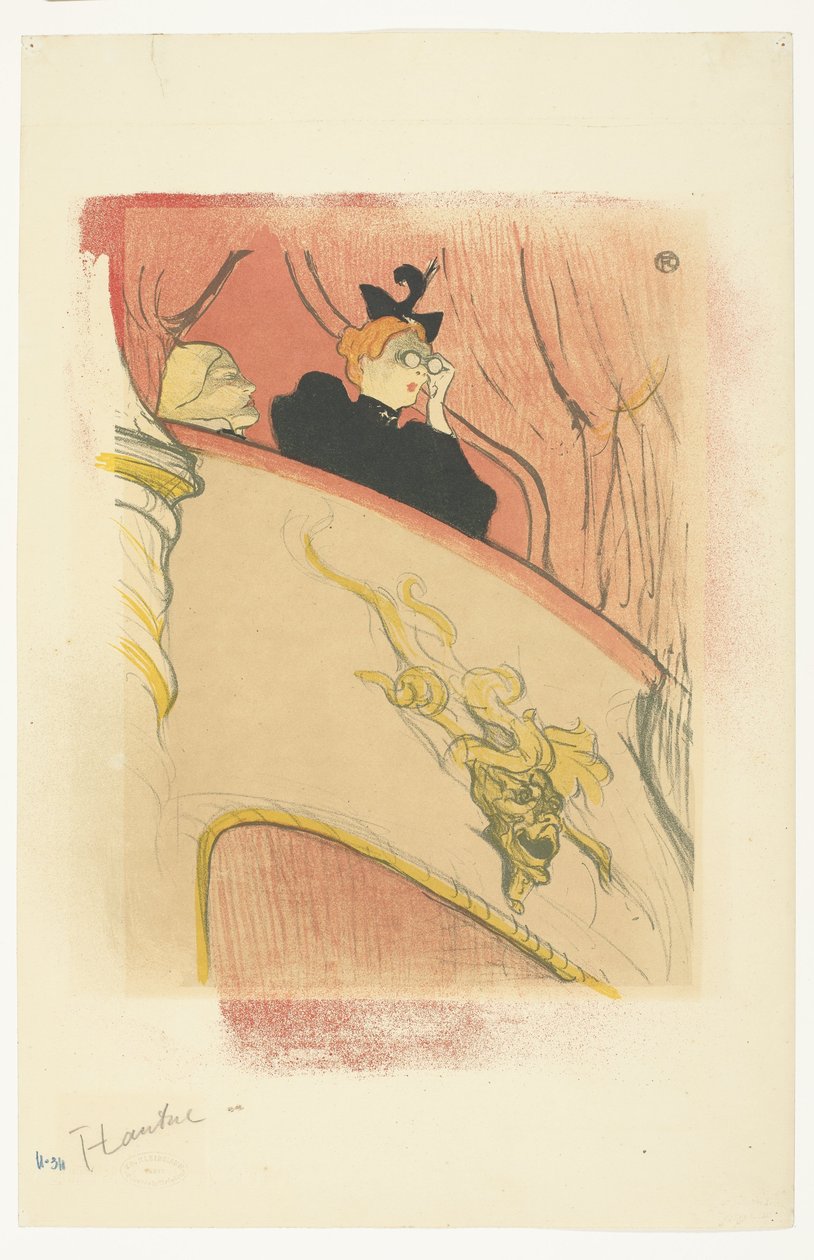 "La Loge au Mascaron doré" (الصندوق ذو القناع المذهب) امرأة مع نظارات الأوبرا على شرفة في المسرح لا لوج أو ماسكارون دوري بواسطة هنري دي تولوز لوتريك (توقيع الفنان)
