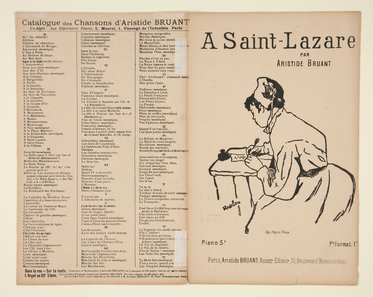 A Saint-Lazare ، والكلمات والموسيقى من Aristide Bruant ، غلاف للموسيقى ورقة بواسطة هنري دي تولوز لوتريك