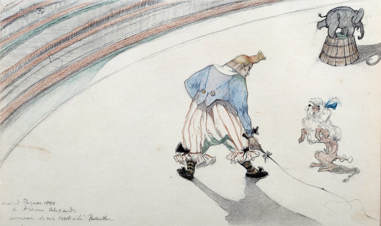 مشهد السيرك: ترويض. مهرج مع كلب عالم وفيل بهلوانية. رسم هنري دي تولوز لوتريك (1864-1901) القرن التاسع عشر ألبي ، متحف تولوز لوتريك بواسطة هنري دي تولوز لوتريك