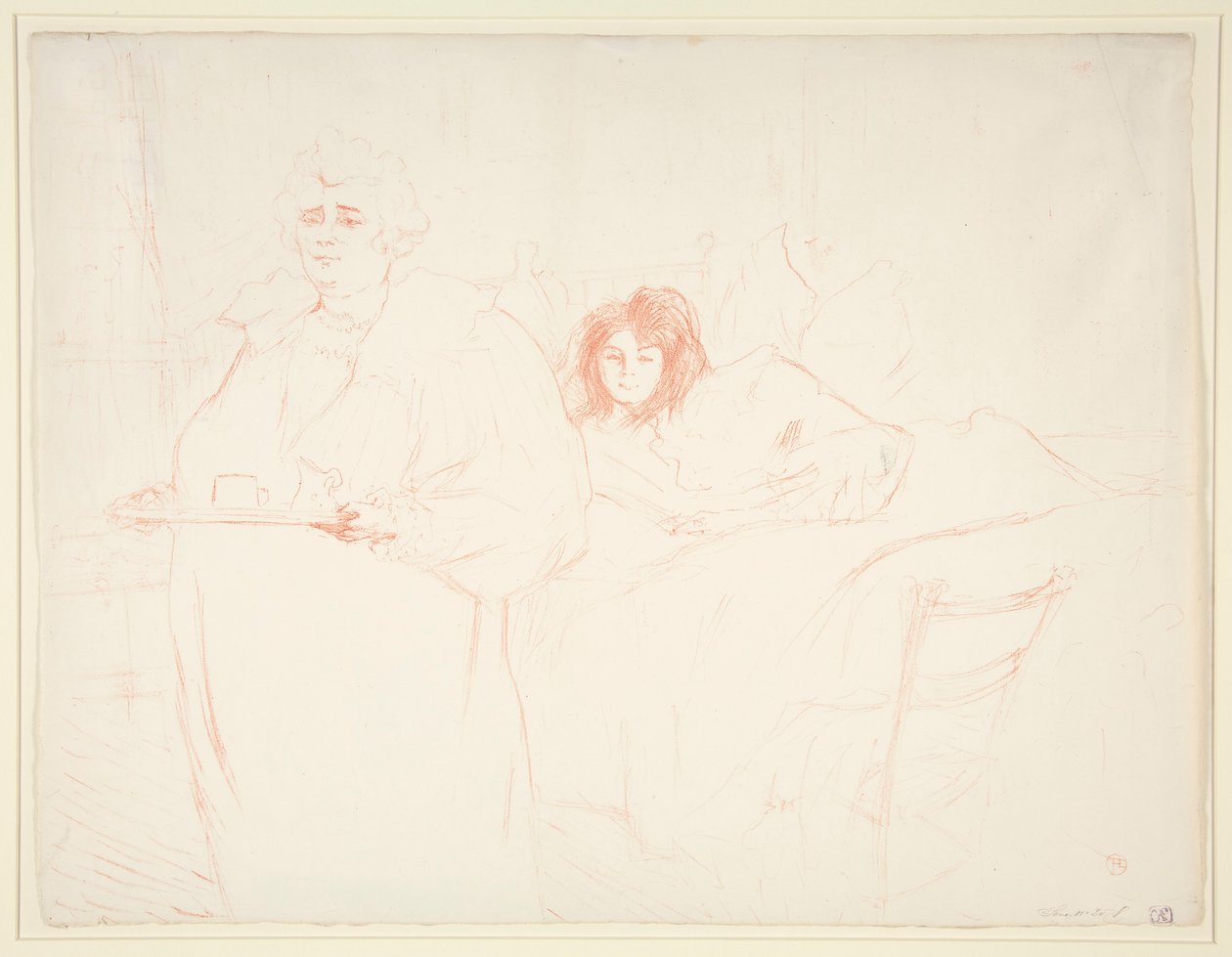 Femme au plateau، breakfast، Madame Baron et Mademoiselle Popo (Woman with a Tray، Breakfast، Madame Baron and Mademoiselle Popo) ، من سلسلة Elles بواسطة هنري دي تولوز لوتريك