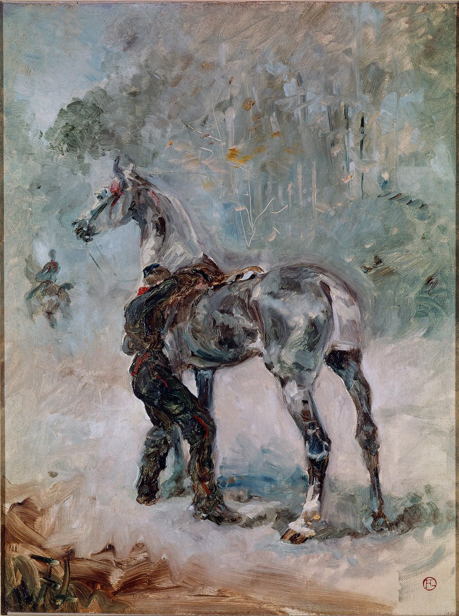 Gunner saddling his horse. Painting by Henri de Toulouse-Lautrec (1864-1901) بواسطة هنري دي تولوز لوتريك