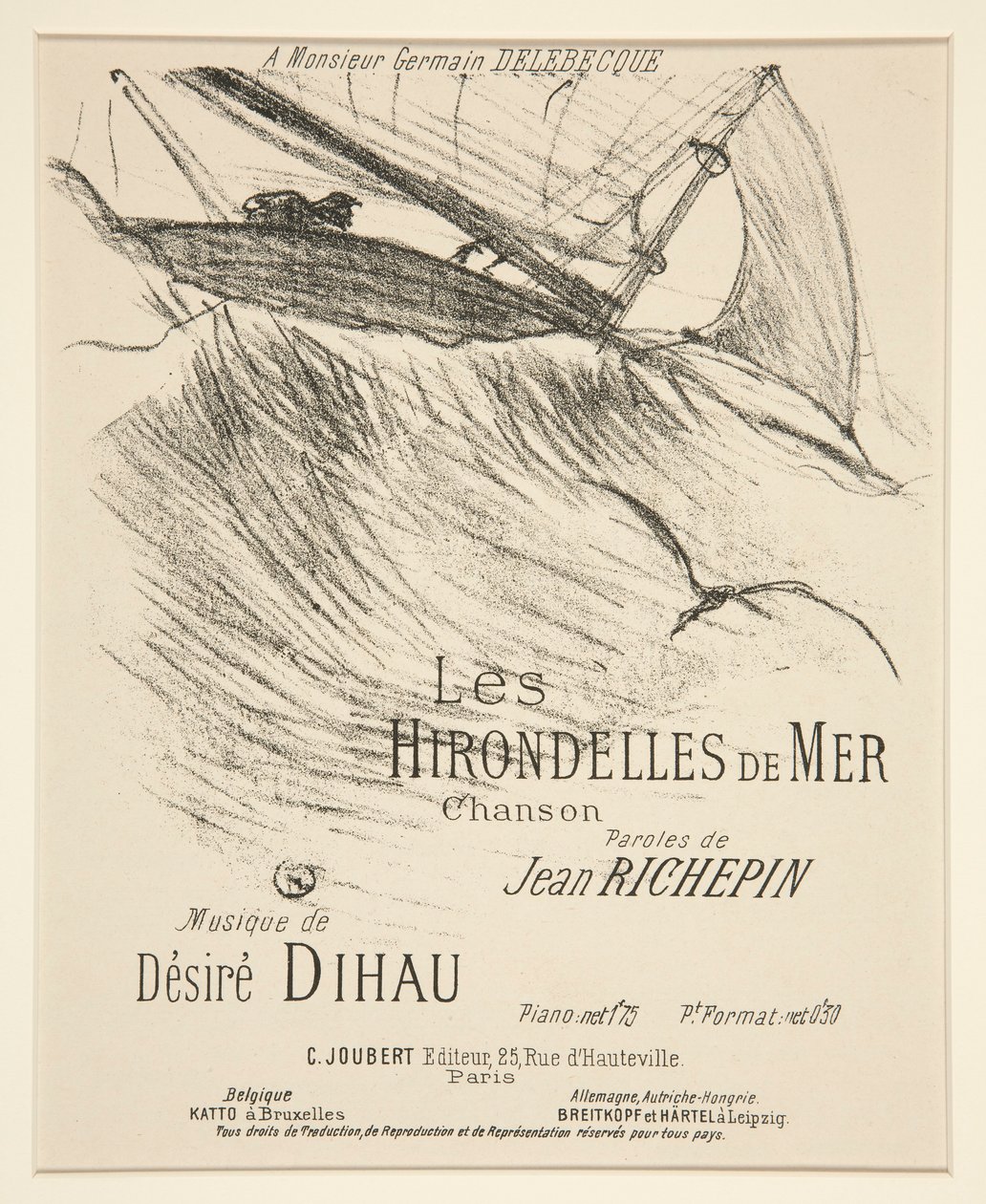 LES HIRONDELLES DE MER - ورقة غلاف للتأليف الموسيقي المطبوع (تم تعيين قصيدة Richepin على موسيقى Dihau) بواسطة هنري دي تولوز لوتريك