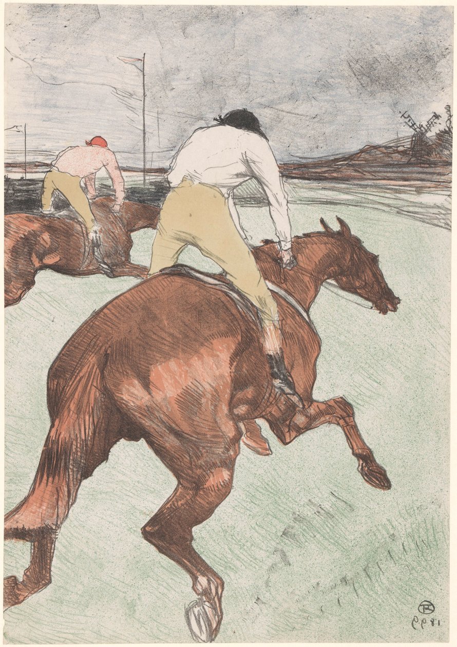 "Le Jockey" اثنان من الفرسان على ظهور الخيل لو جوكي (العنوان الأصلي) سباق الخيل (عنوان المسلسل) الدورات (عنوان المسلسل) بواسطة هنري دي تولوز لوتريك